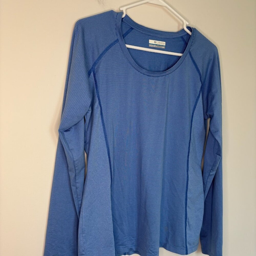 COLUMBIA Long Sleeve Performance Tee Womens L Blue Stripes Reflective Stretch